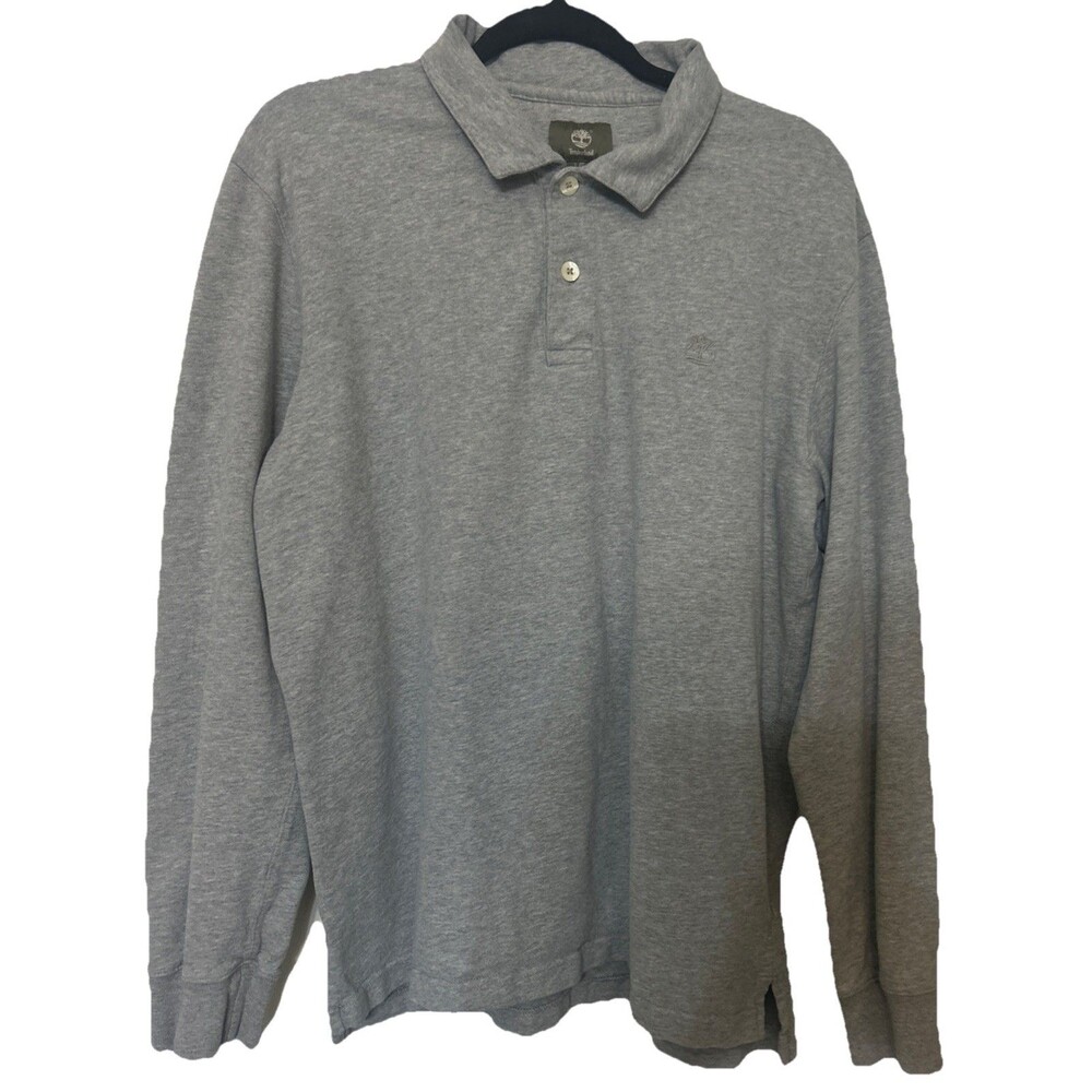 Timberland Mens Sz L Regular Fit Polo Shirt Gray Cotton Collared Long Sleeves